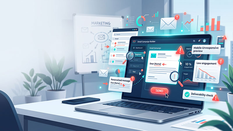 Illustration of an email campaign builder flagging deliverability and personalization issues before send