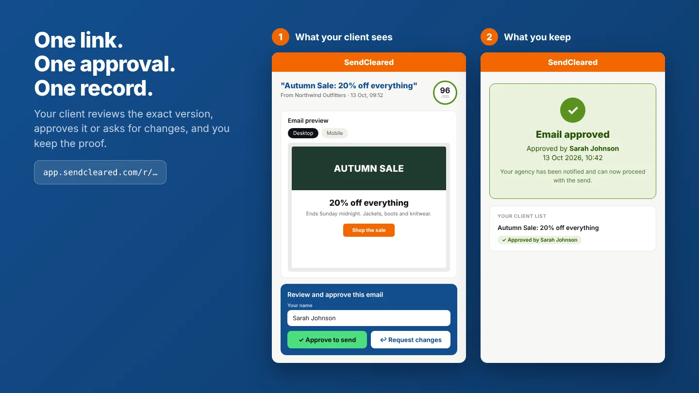 SendCleared client approval: the review page your client sees with Approve to send and Request changes buttons, next to the approved record with a name and timestamp