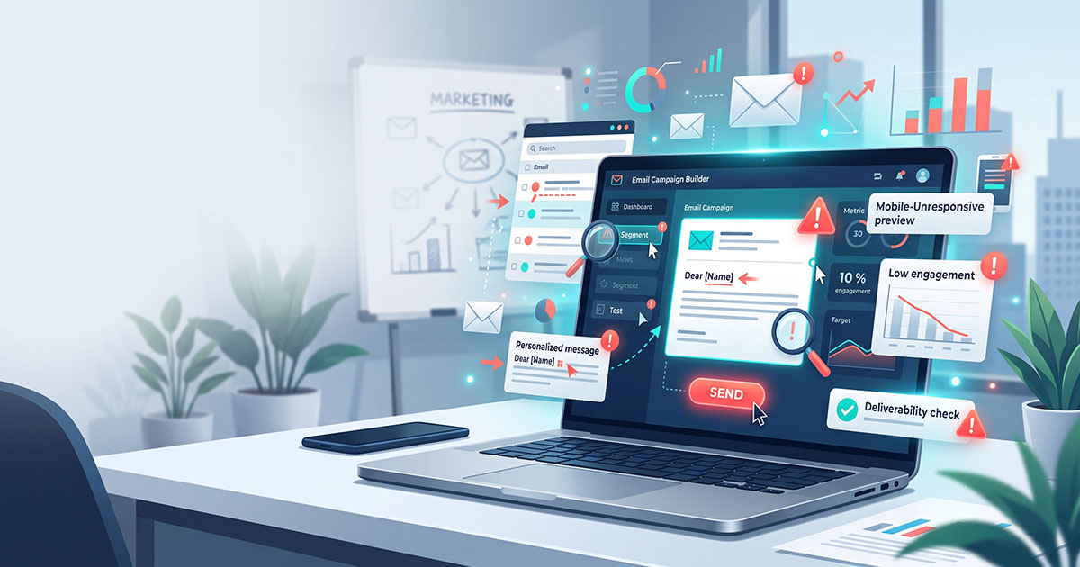 Illustration of an email campaign builder flagging deliverability and personalization issues before send